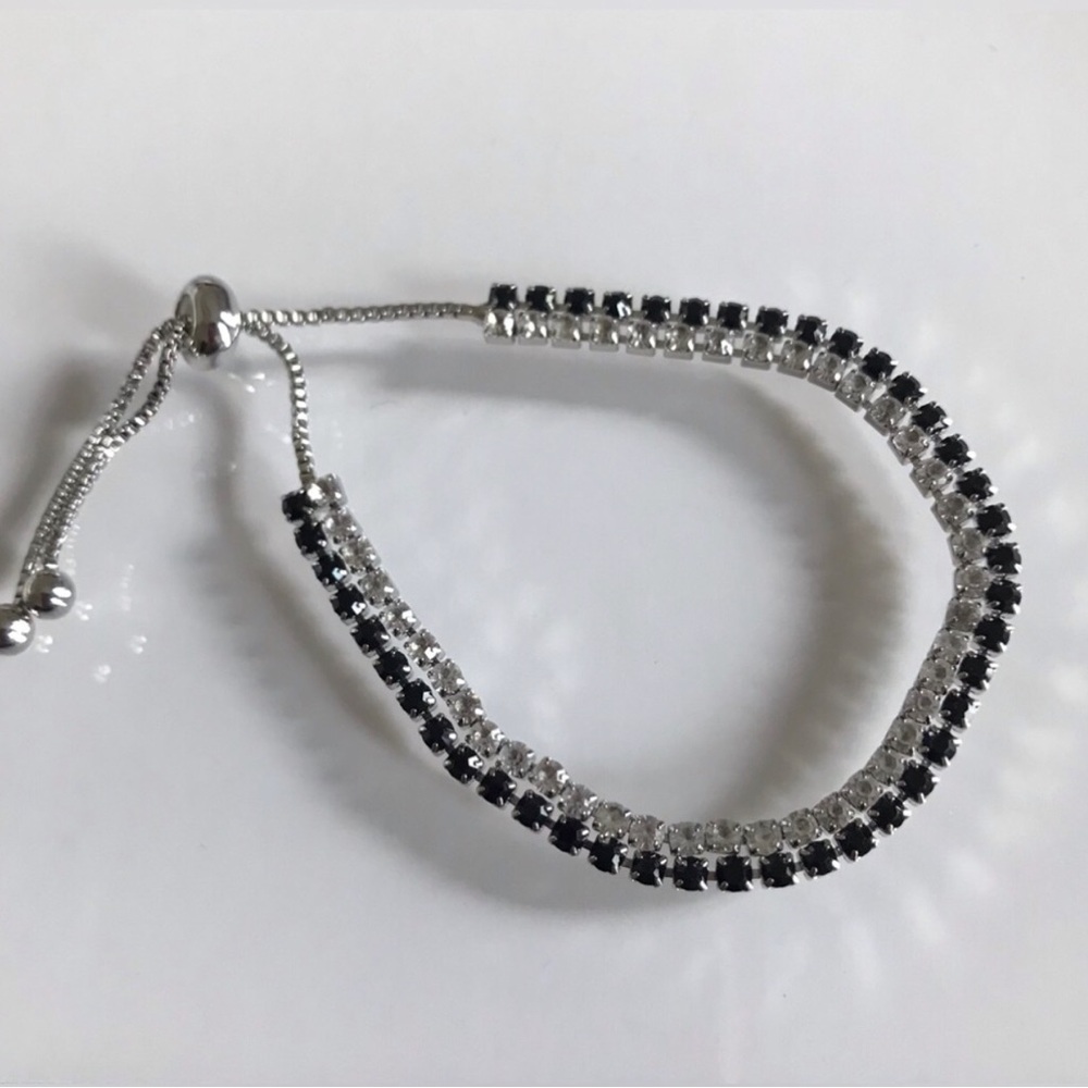 Sterling Silver Black & Clear Crystal Adjustable Tennis Bracelet